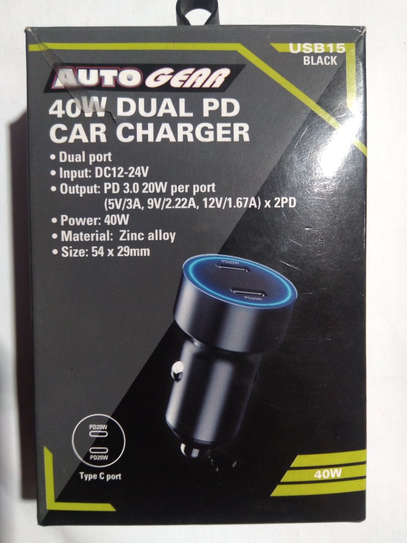 USB15 Autogear 40W Double PD Car CH USB15